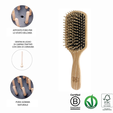 Spazzola Rettangolare Media Denti Corti in Legno di Carpine | Capelli Corti e Medi